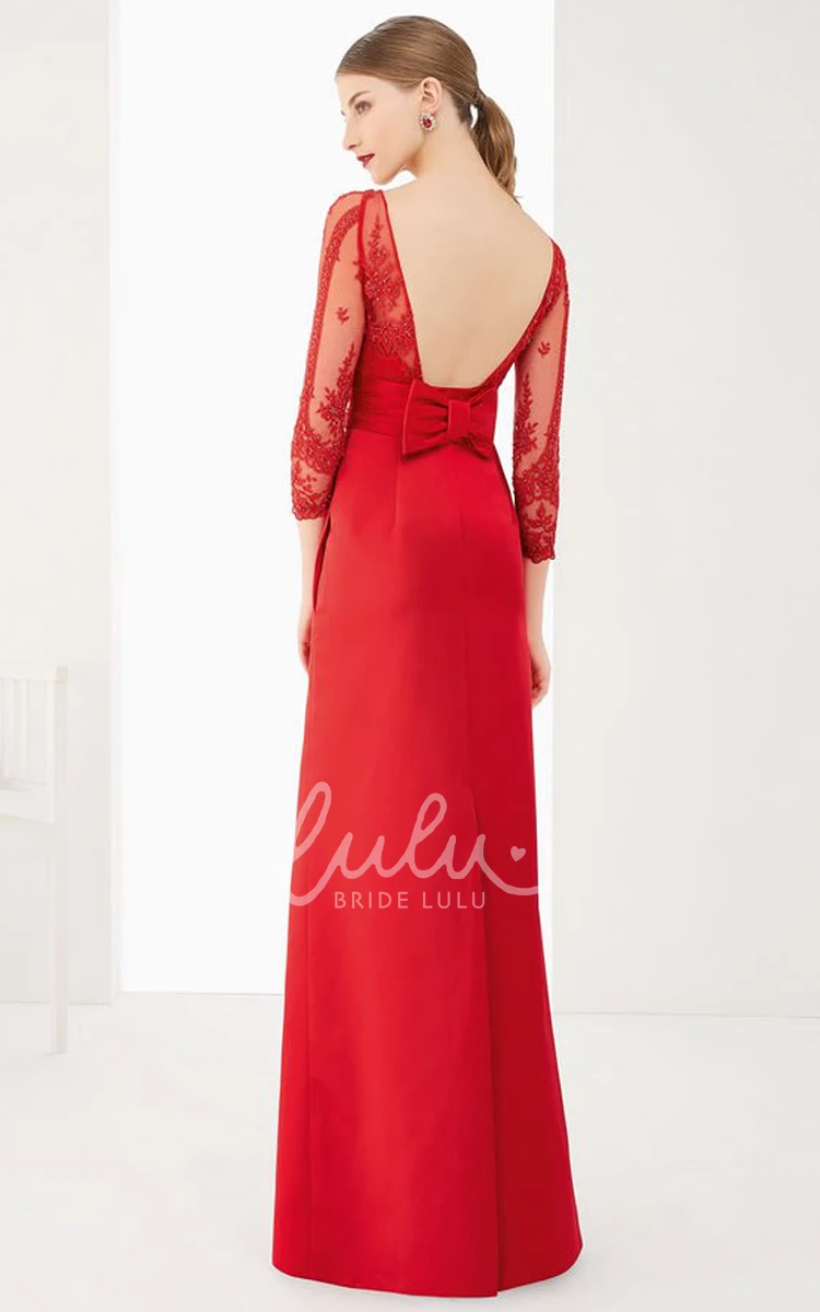 Satin Bateau-Neck Prom Dress with Bow Sheath Floor-Length 3-4-Sleeve