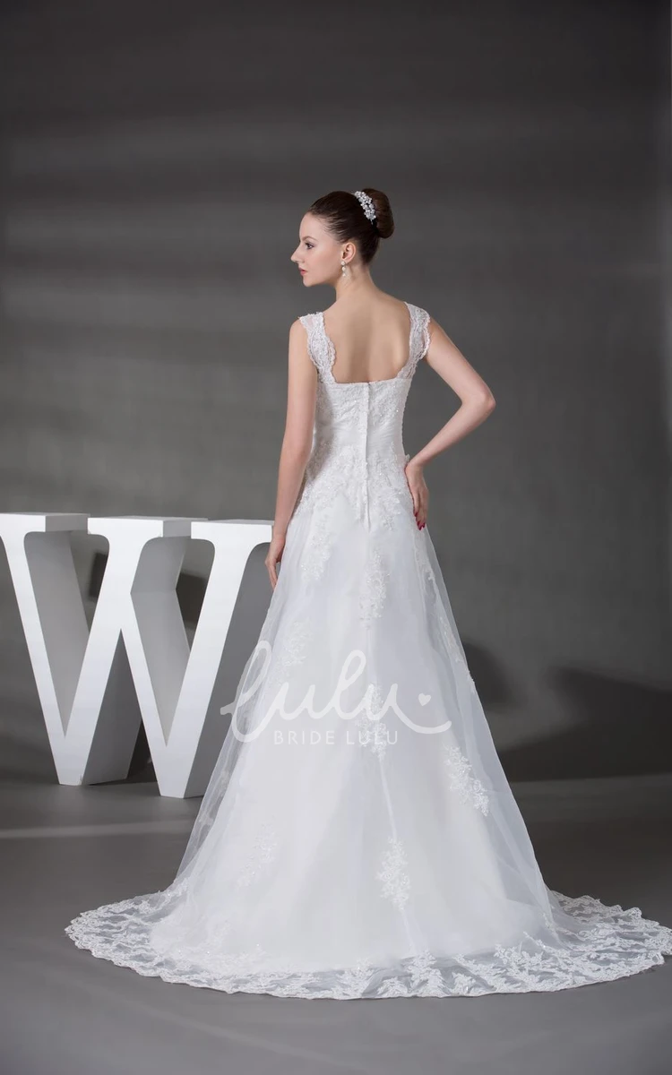 Lace A-Line Wedding Dress with Appliques Plunged Ruched Bridal Gown