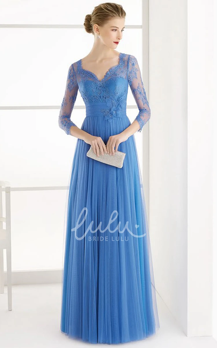 Lace V-neck Tulle Prom Dress with 3/4 Sleeves Prom Dress