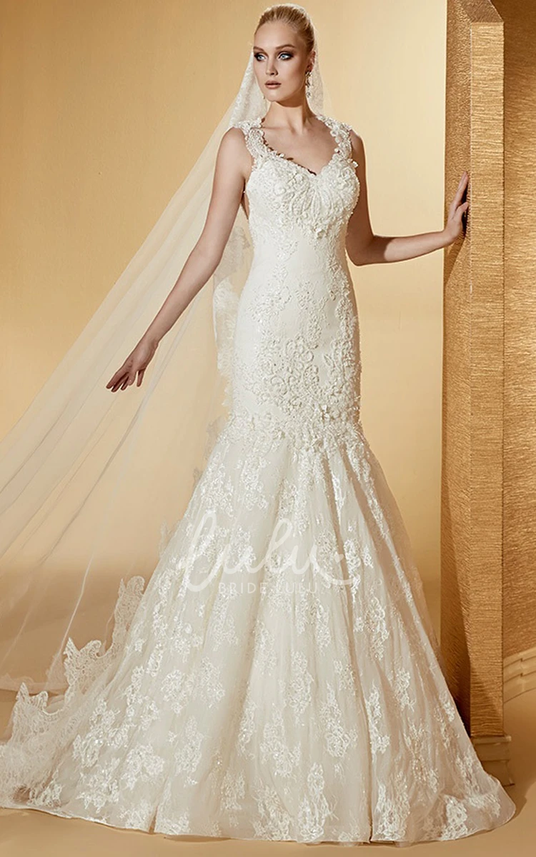 Lace Mermaid Wedding Dress with V-Neck and Straps Elegant Bridal Gown