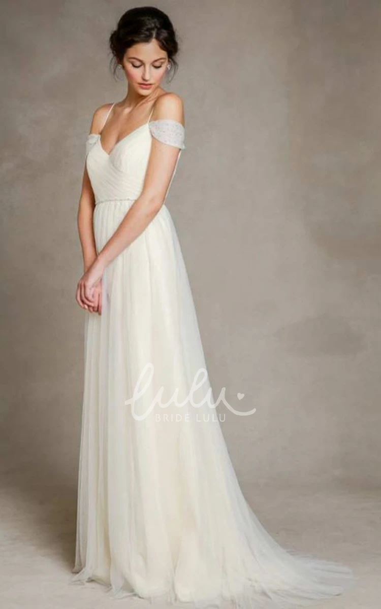 Spaghetti Strap Tulle A-Line Wedding Dress with Jeweled Accents and Pleats