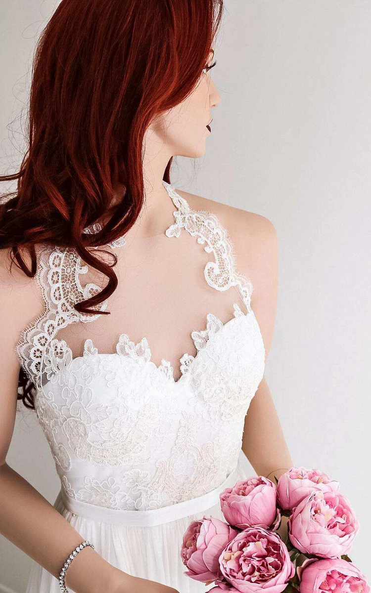 Empire Halter Lace Wedding Dress with Sweep Train and Pleats