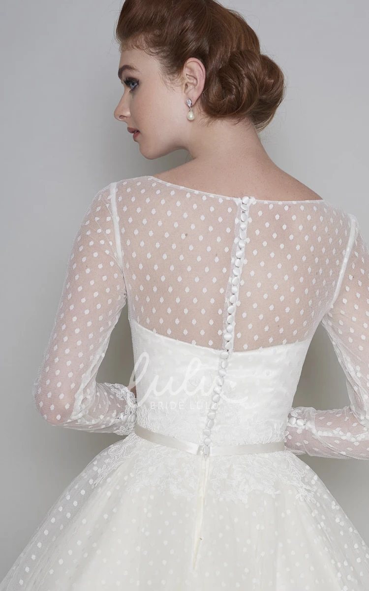 Vintage Illusion Bateau Sweetheart Tea Length Wedding Dress with Long Sleeves