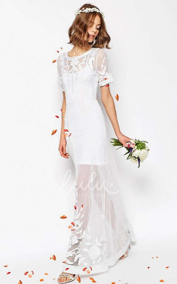 Short-Sleeve Sheath Tulle Wedding Dress Embroidered V-Back Bridal Gown