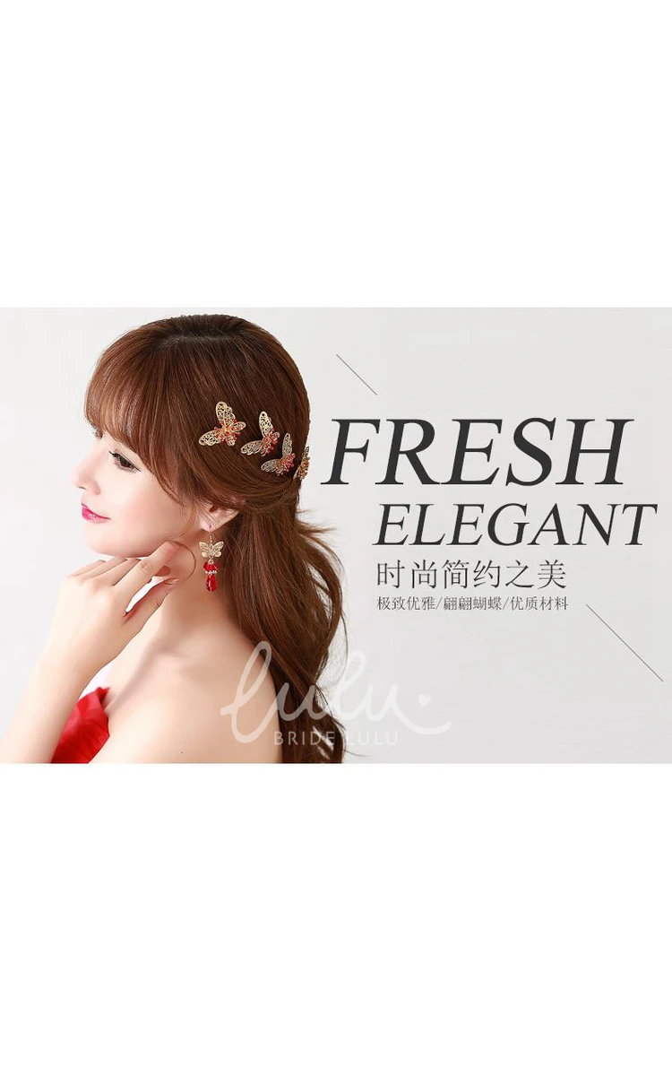 Chinese Cheongsam Wedding Hair Accessories Set with Red Hairpin U-Shaped Clip and Plate