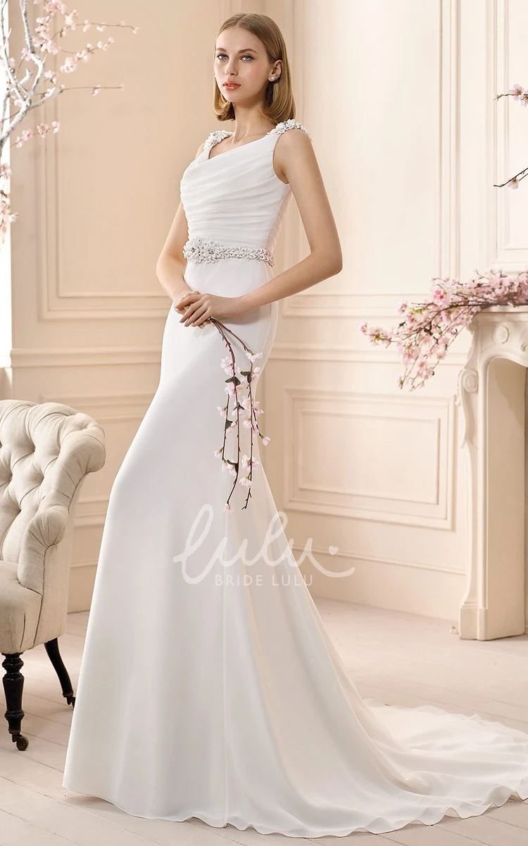 Floral Chiffon Cowl-Neck Wedding Dress with Beading Sleeveless
