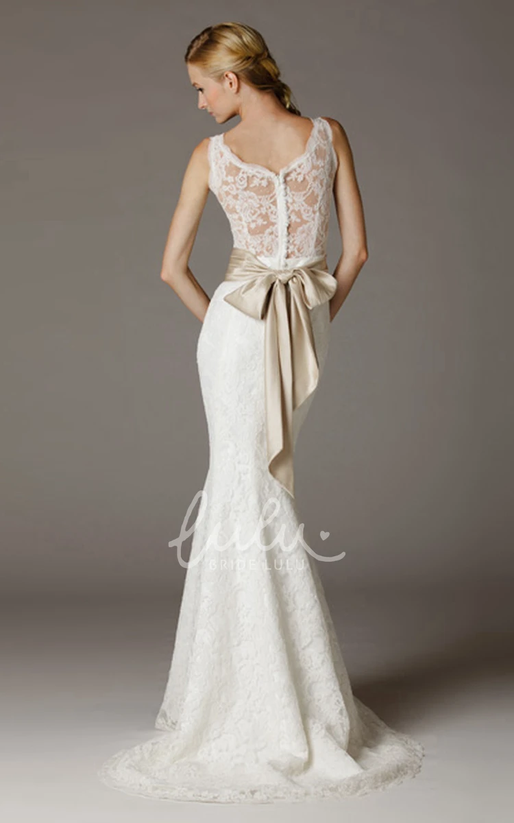 V-Neck Maxi Lace Wedding Dress with Bow Mermaid Appliqued Sleeveless