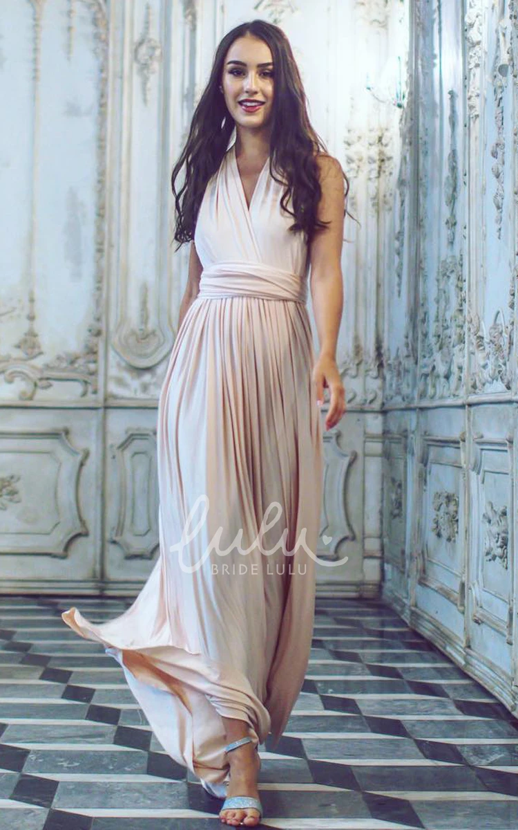 Elegant Convertible Jersey Bridesmaid Dress with V-Neck & Open Back
