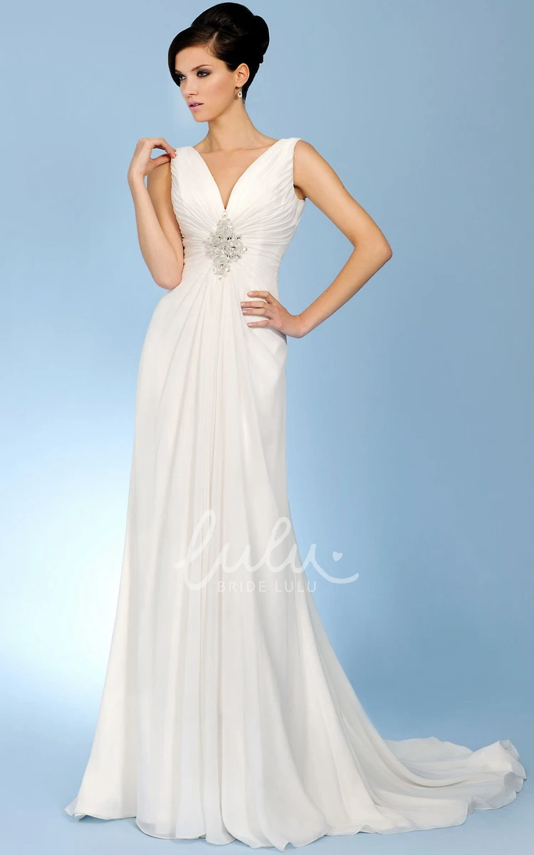 V-Neck Ruched Chiffon Wedding Dress with Court Train and V Back Elegant Bridal Gown