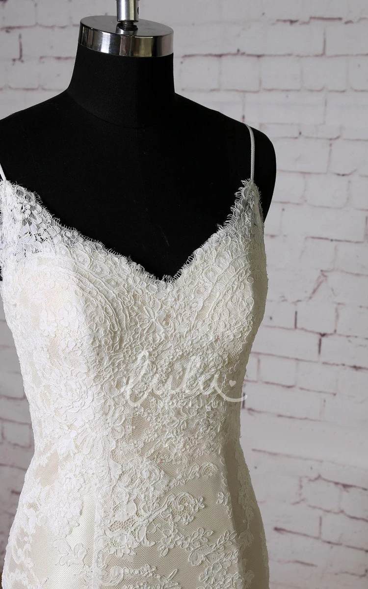 Mermaid Wedding Dress with Lace and Champagne Underlay Spaghetti Straps