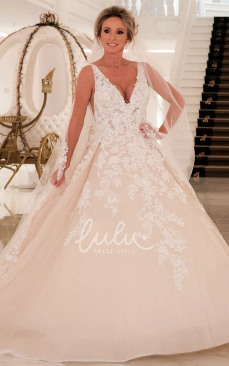 V-Neck Tulle Ball Gown Wedding Dress with Train