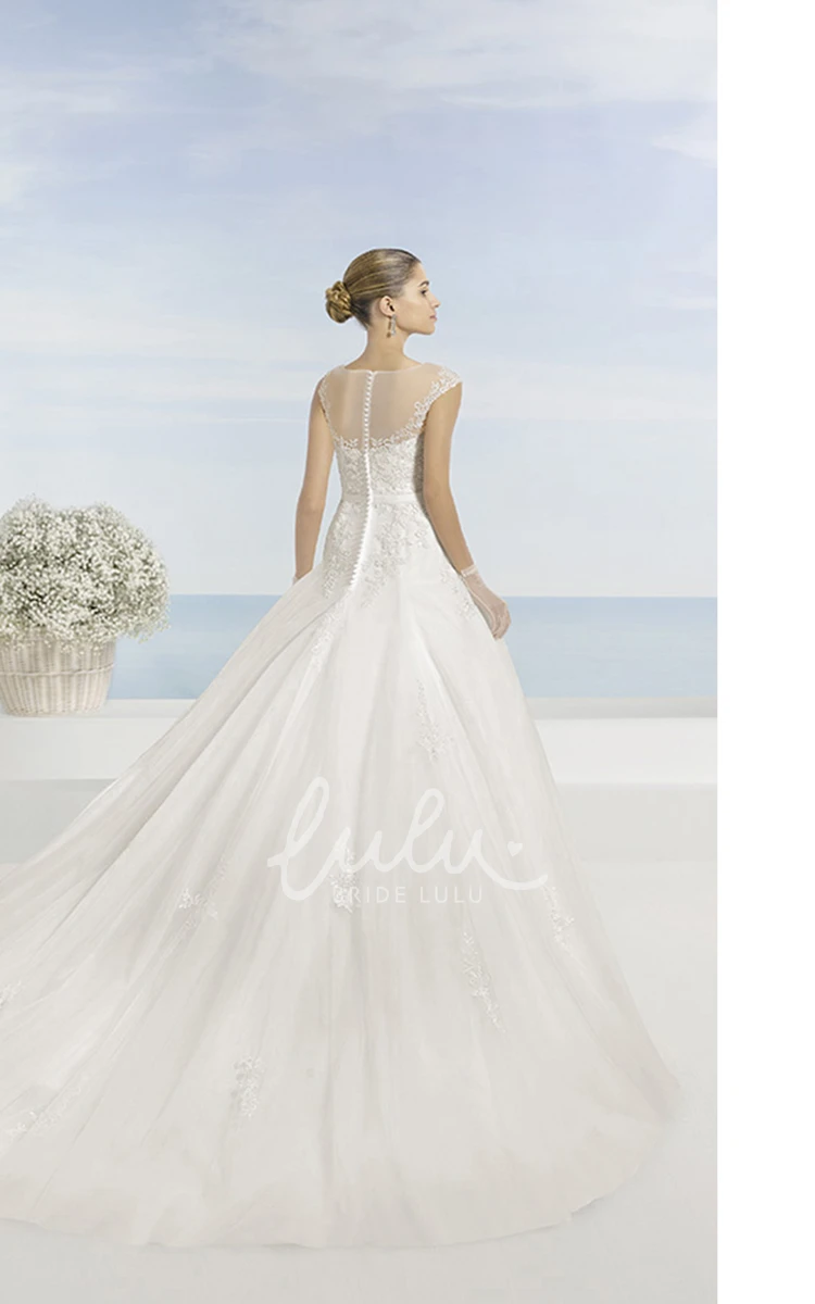 A-Line Satin Wedding Dress with Bateau-Neck Appliques and Illusion Elegant Bridal Gown