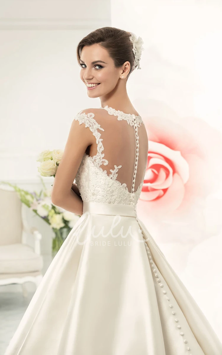 Satin A-line Wedding Dress with Lace Bodice and Cap Sleeves