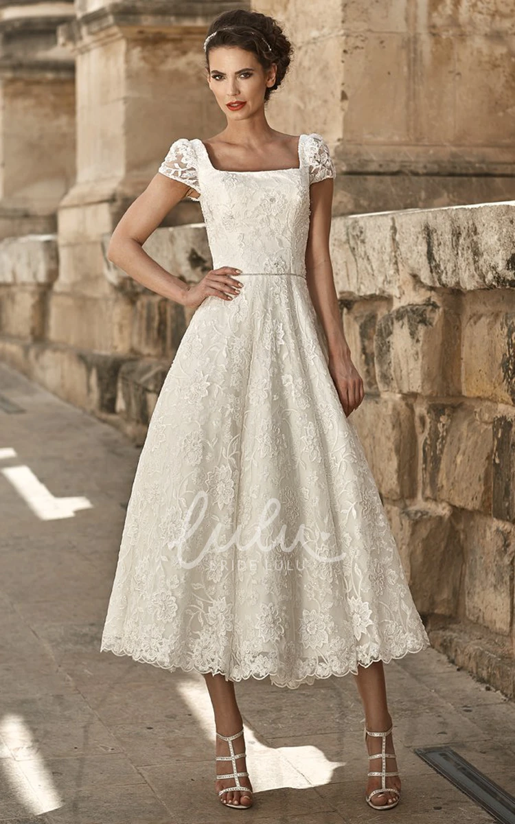 Lace Tea-Length A-Line Wedding Dress with Short Sleeves and Square Neck