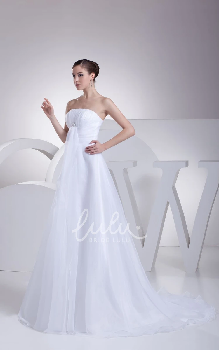 Chiffon A-Line Wedding Dress With Ruching Broach and Strapless Neckline