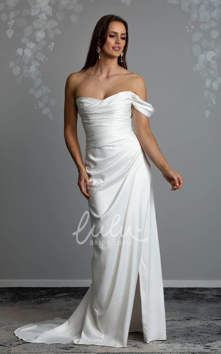 Off-the-shoulder Satin Mermaid Wedding Dress with Ruching and Open Back