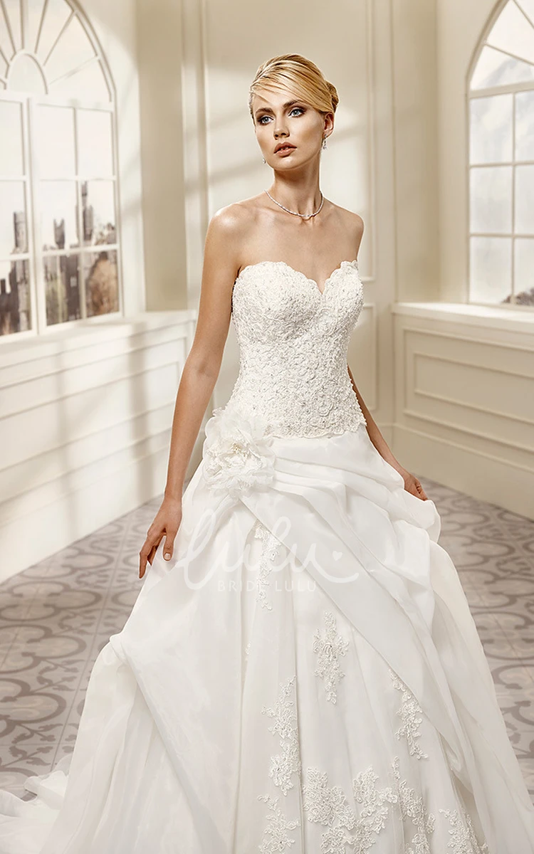 Long Organza&Lace A-Line Wedding Dress with Sweetheart Neckline and Draping