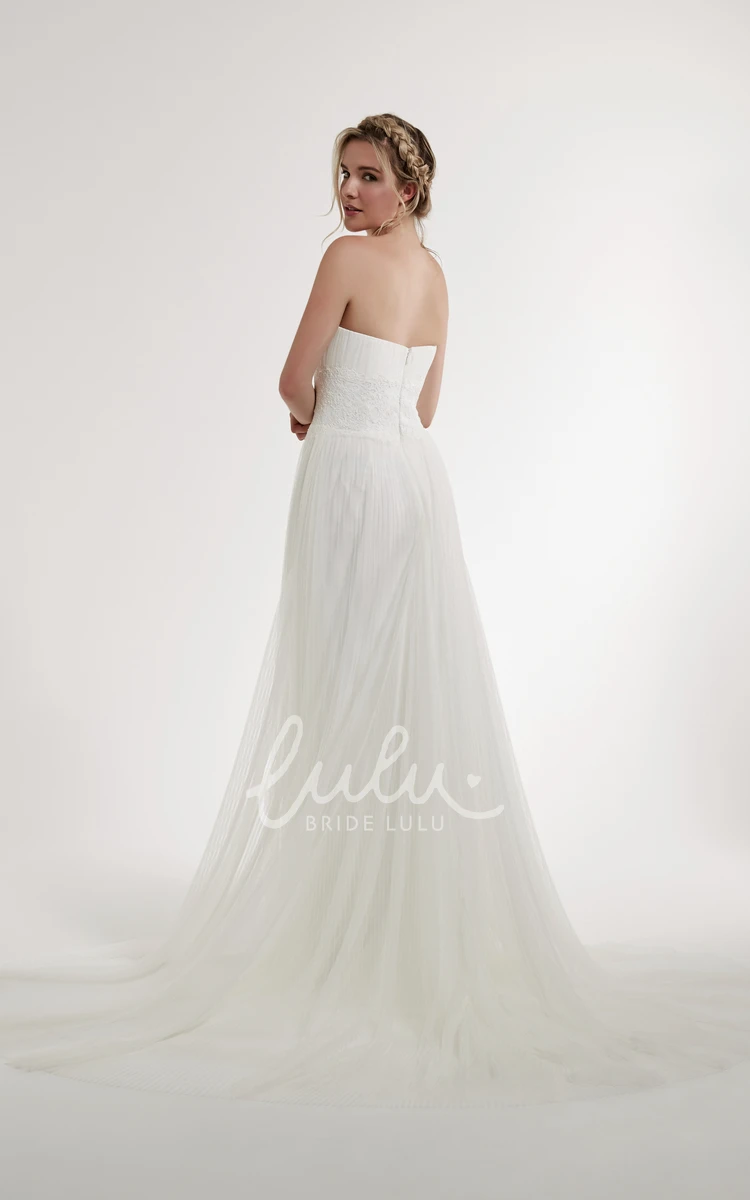 Tulle Strapless Wedding Dress with Applique Zipper Back and Court Train A-Line