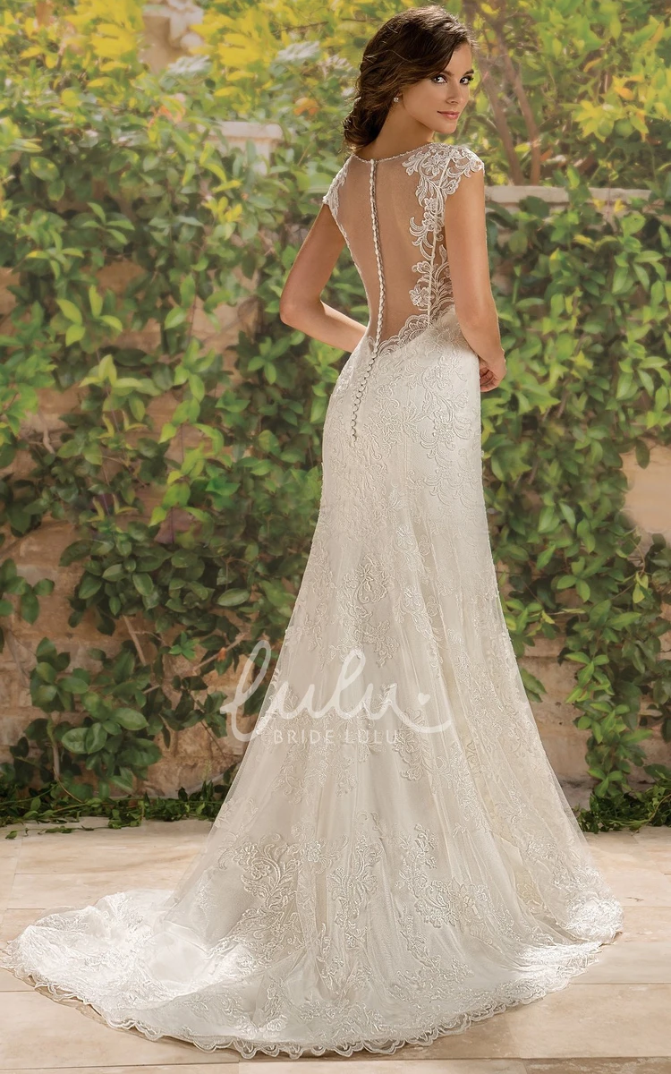 Cap-Sleeved V-Neck Wedding Dress with Illusion Back and Lace Applique