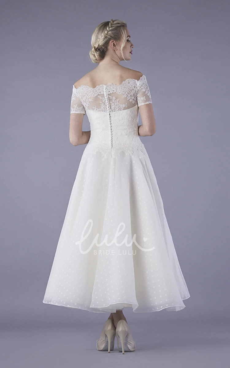 Ankle Length Vintage Bateau Wedding Dress with Illusion Lace and Buttons on Tulle
