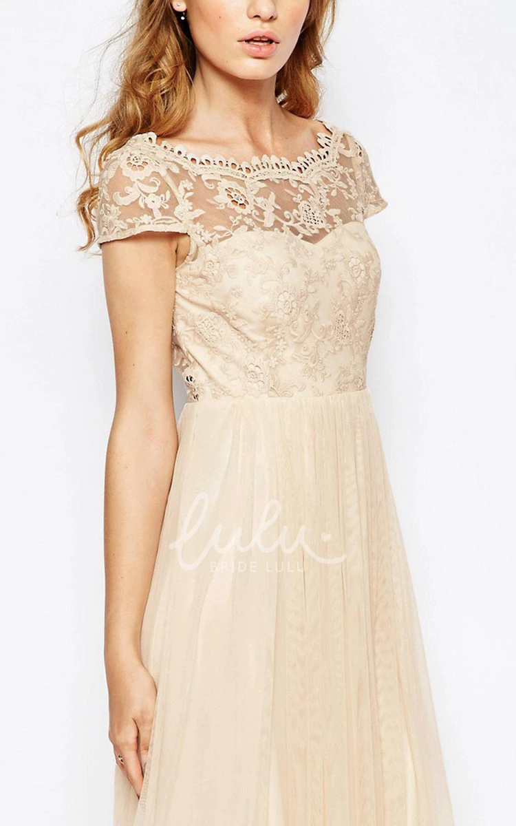 Appliqued Cap Sleeve Tulle Bridesmaid Dress with Scoop Neck Ankle-Length
