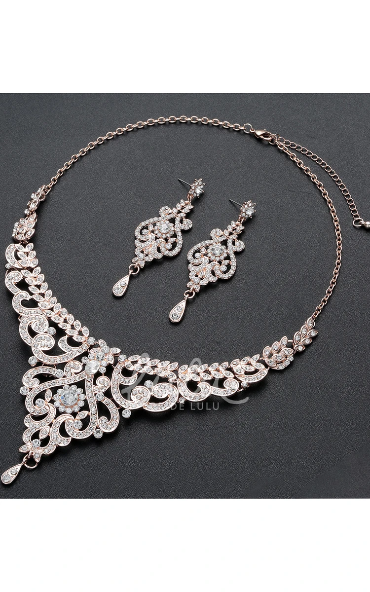 Trendy Rose Gold Rhinestone Necklace and Earrings Jewelry Set