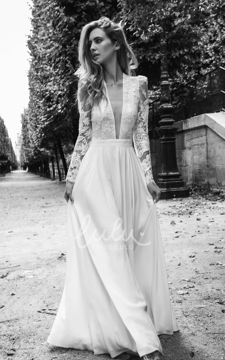 Elegant A-Line Lace Beach Wedding Dress with Plunging Neckline and Button Back Lace Beach Wedding Dress