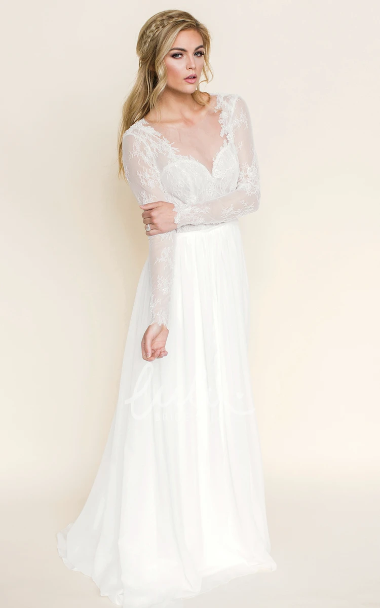 Illusion-Sleeve Lace Chiffon Maxi Wedding Dress Unique & Elegant