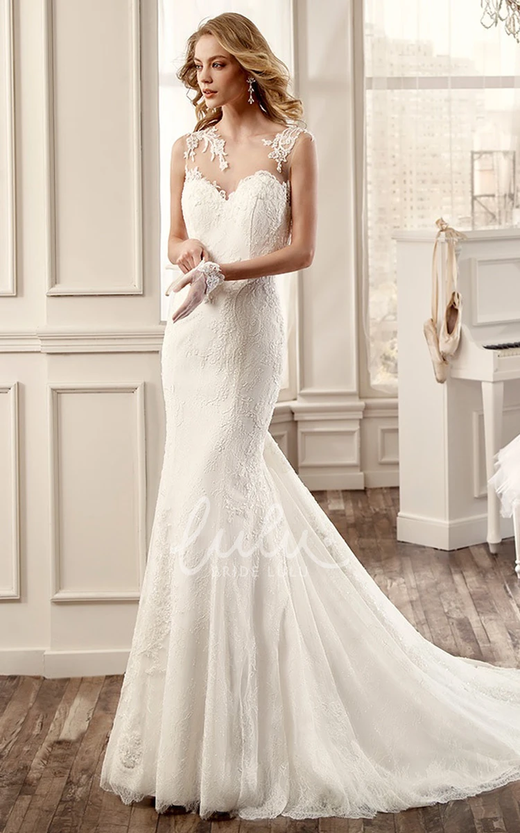 Sheath Mermaid Wedding Dress with Jewel-Neck Appliques and Illusive Back