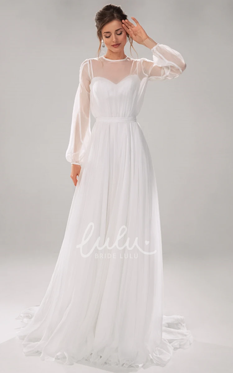 A Line Chiffon Long Sleeve Wedding Dress with Train Elegant and Beautiful