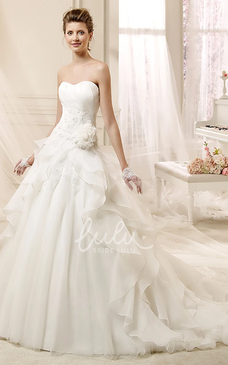 Floral Ruffles A-Line Wedding Dress with Strapless Neckline Boho Wedding Dress