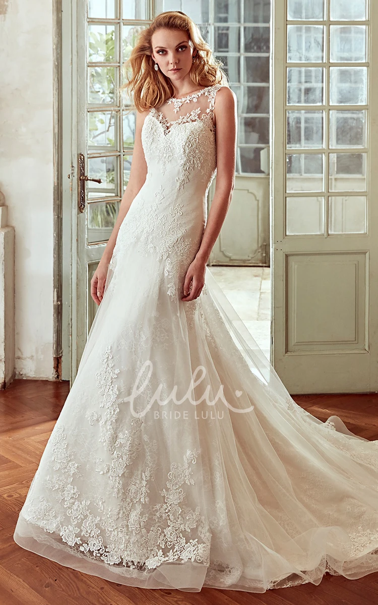 Illusive Back Lace Applique Wedding Dress with Jewel-Neck Modern Wedding Dress for Women