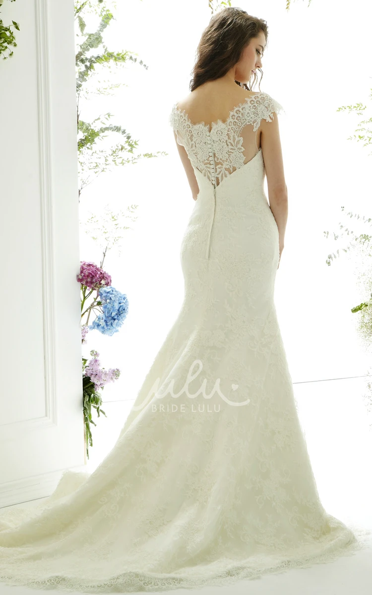 Lace Appliqued Cap Sleeve Wedding Dress with Court Train Elegant Bridal Gown