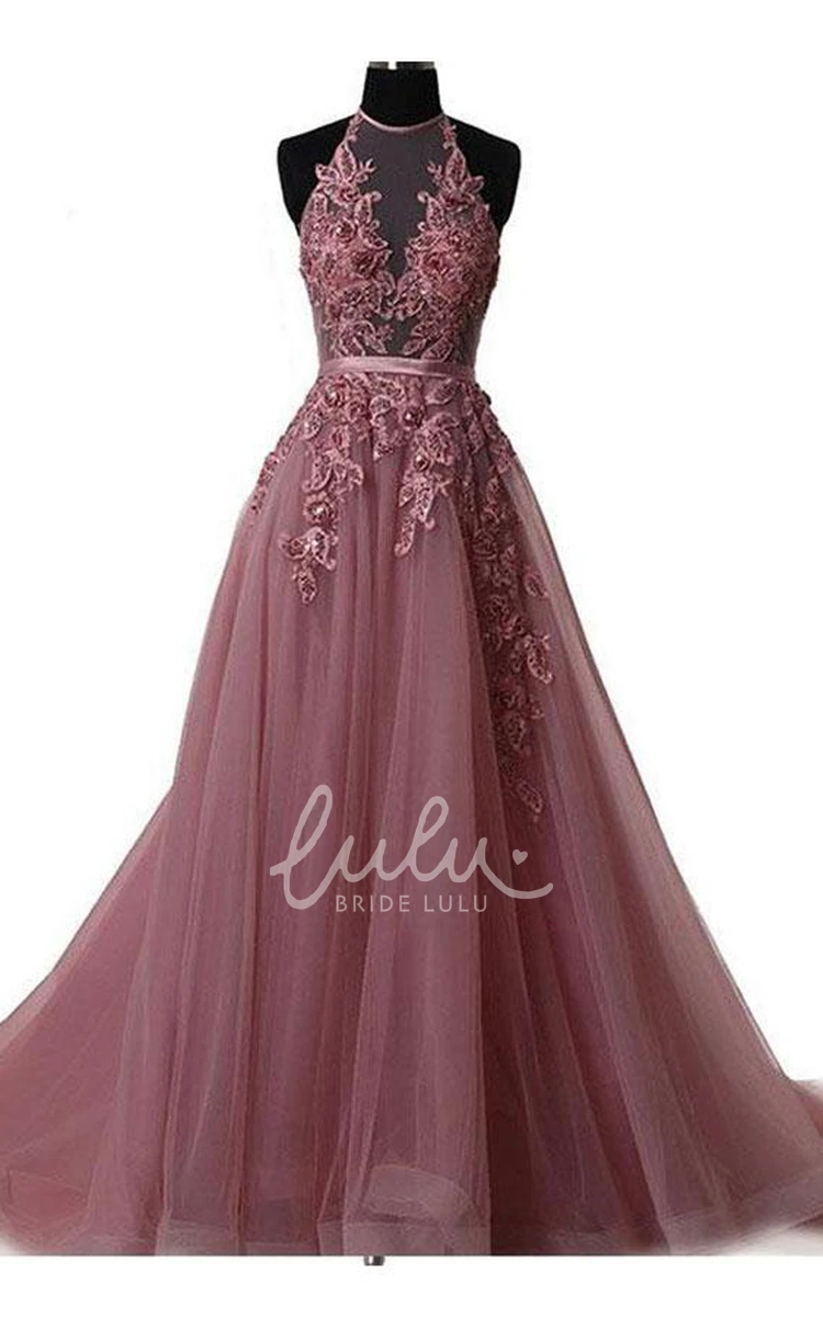 Lace Tulle A-Line Formal Dress with Sweep Train and High Neck