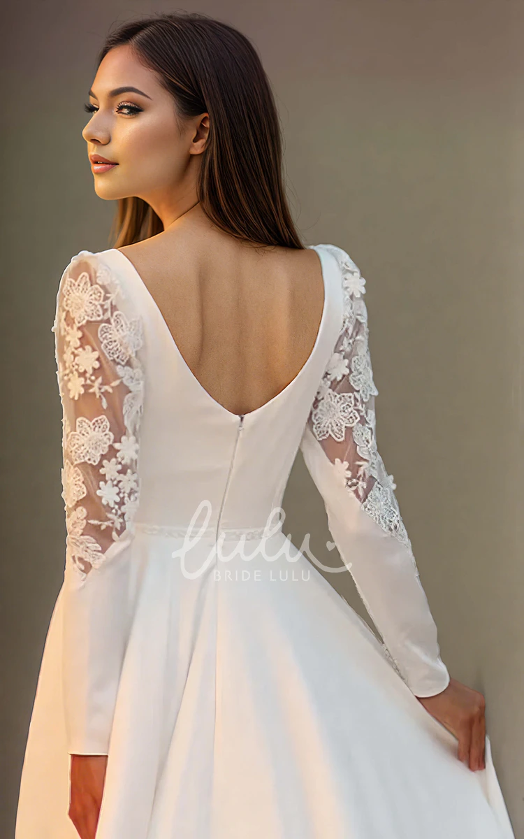 Solid Elegant Satin Appliques V-neck A-Line Wedding Dress Ethereal Sexy Flowers Long Sleeve Floor-length with Train Zipper V Back Bridal Gown