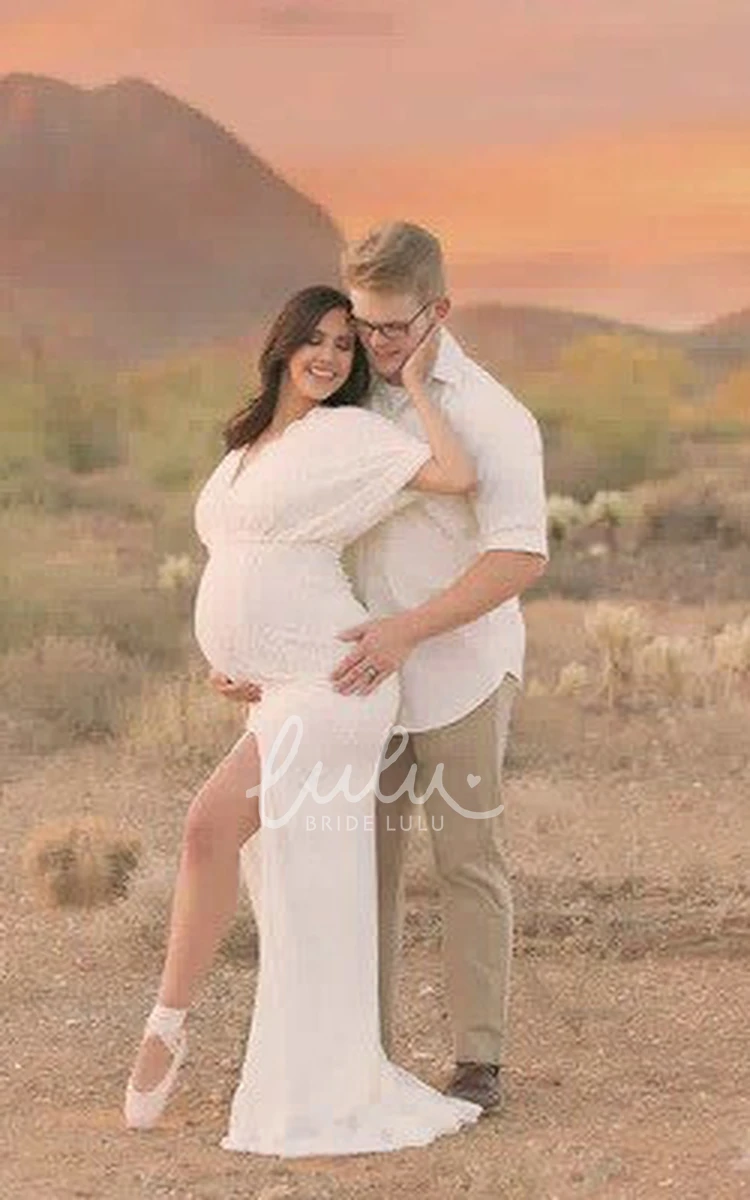 Lace Scalloped V-neck Short Sleeve Maternity Wedding Dress A-line Split Front