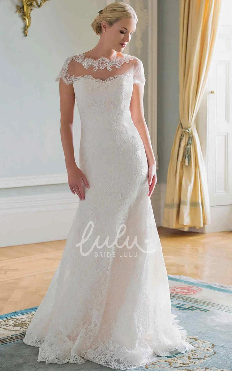 Illusion Cap-Sleeve Lace Sheath Wedding Dress Vintage Bridal Gown