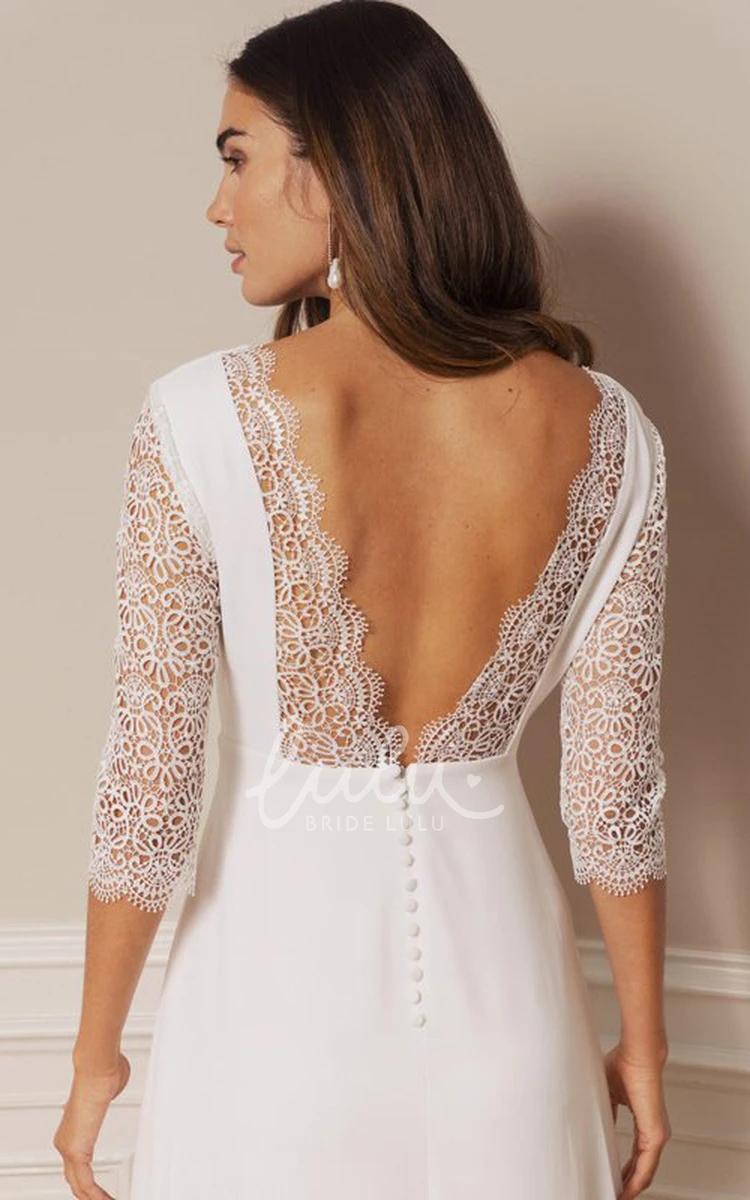 Vintage Chiffon Lace A Line Wedding Dress with Deep-V Back and V-neck Timeless and Modern