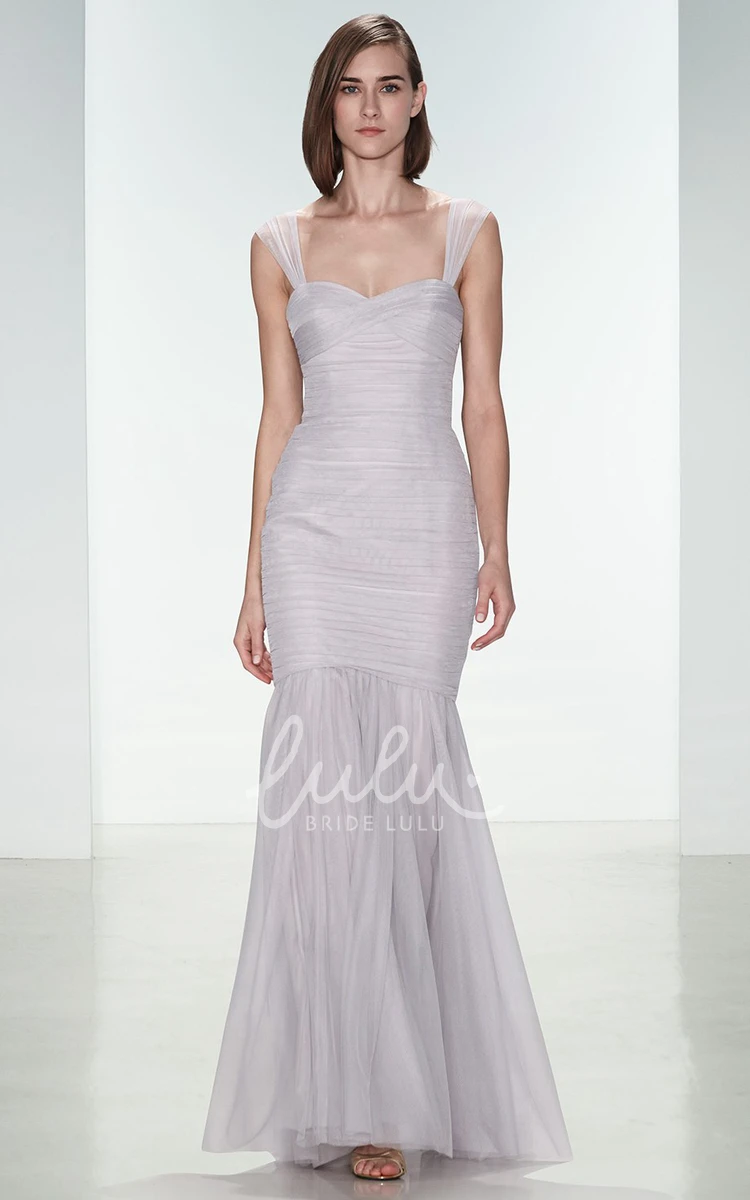 Mermaid Strapped Ruched Tulle Bridesmaid Dress with Ankle-Length Hem