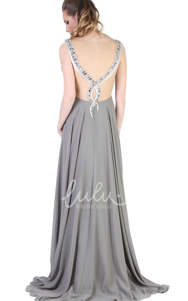 Jewel-Neck Sleeveless Empire Prom Dress with Beading and Ruching