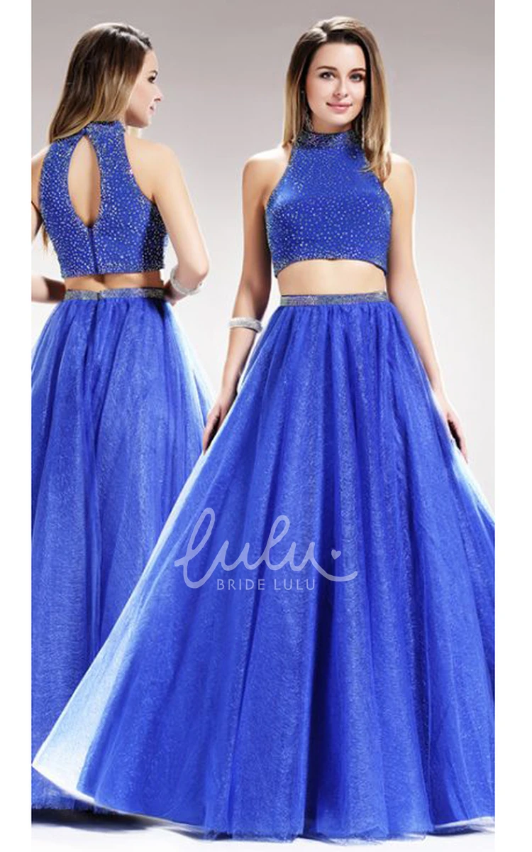 High Neck Sleeveless Satin Two-Piece Prom Dress with Beading A-Line Floor-Length