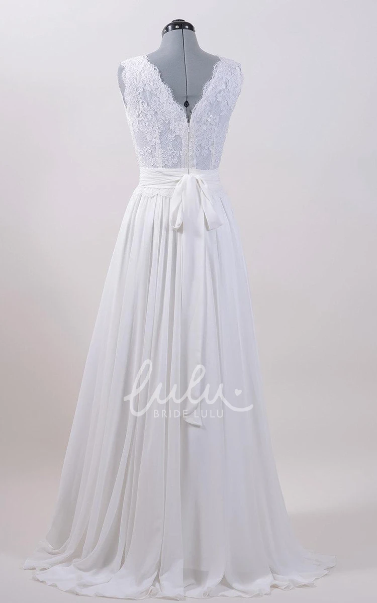 Alencon Lace V-Back Wedding Dress with Chiffon Skirt Sleeveless Elegant 2024