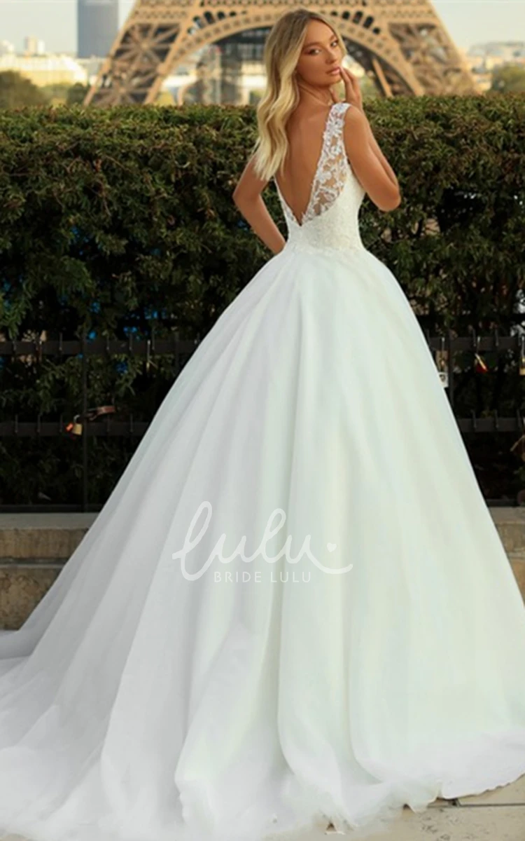 Simple Ball Gown Wedding Dress with Appliques V-neck and Sweep Train Bridal Gown