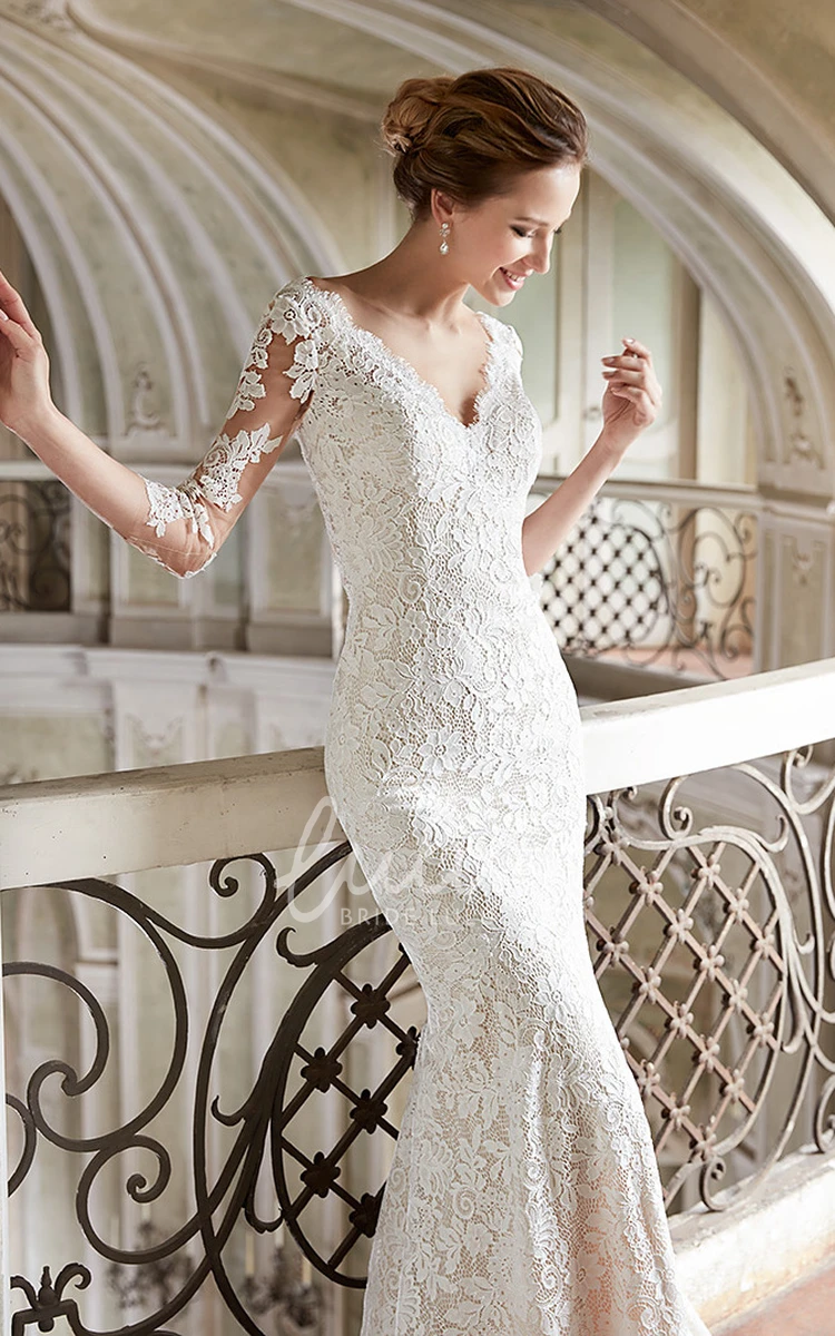 Sheath Lace Wedding Dress with V-Neck 3/4 Sleeves and Backless Design Unique Bridal Gown