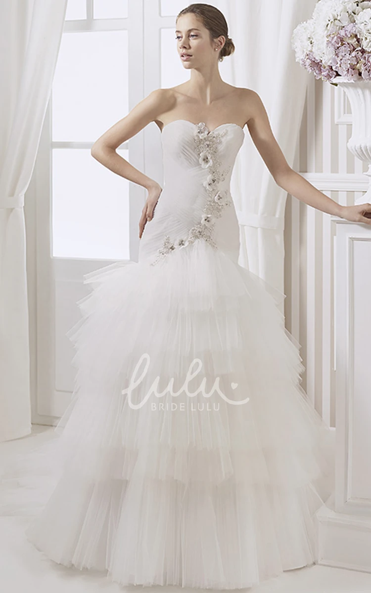 Sweetheart Trumpet Tulle Wedding Dress with Ruching Flowers and Tiers