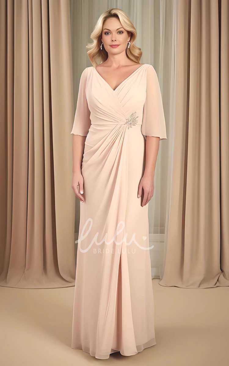 Modest Chiffon Mother of the Bride Dress with V-neck and Half Sleeves Simple Floor-length
