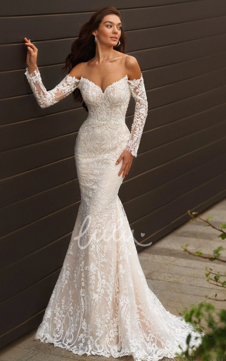 Off-shoulder Lace Mermaid Illusion Sleeve Wedding Dress with V-neck and Appliques Beach Wedding Dress