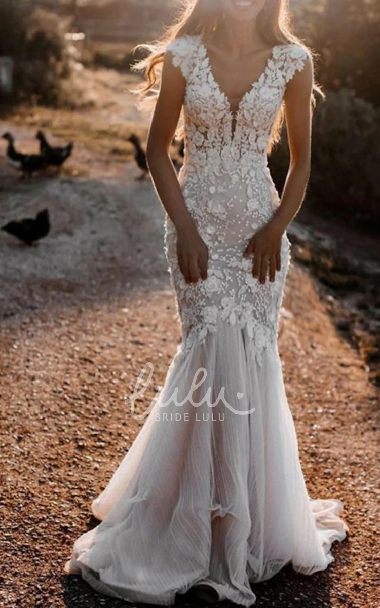 A-line V-neck Lace Rustic Country Wedding Dresses With Short