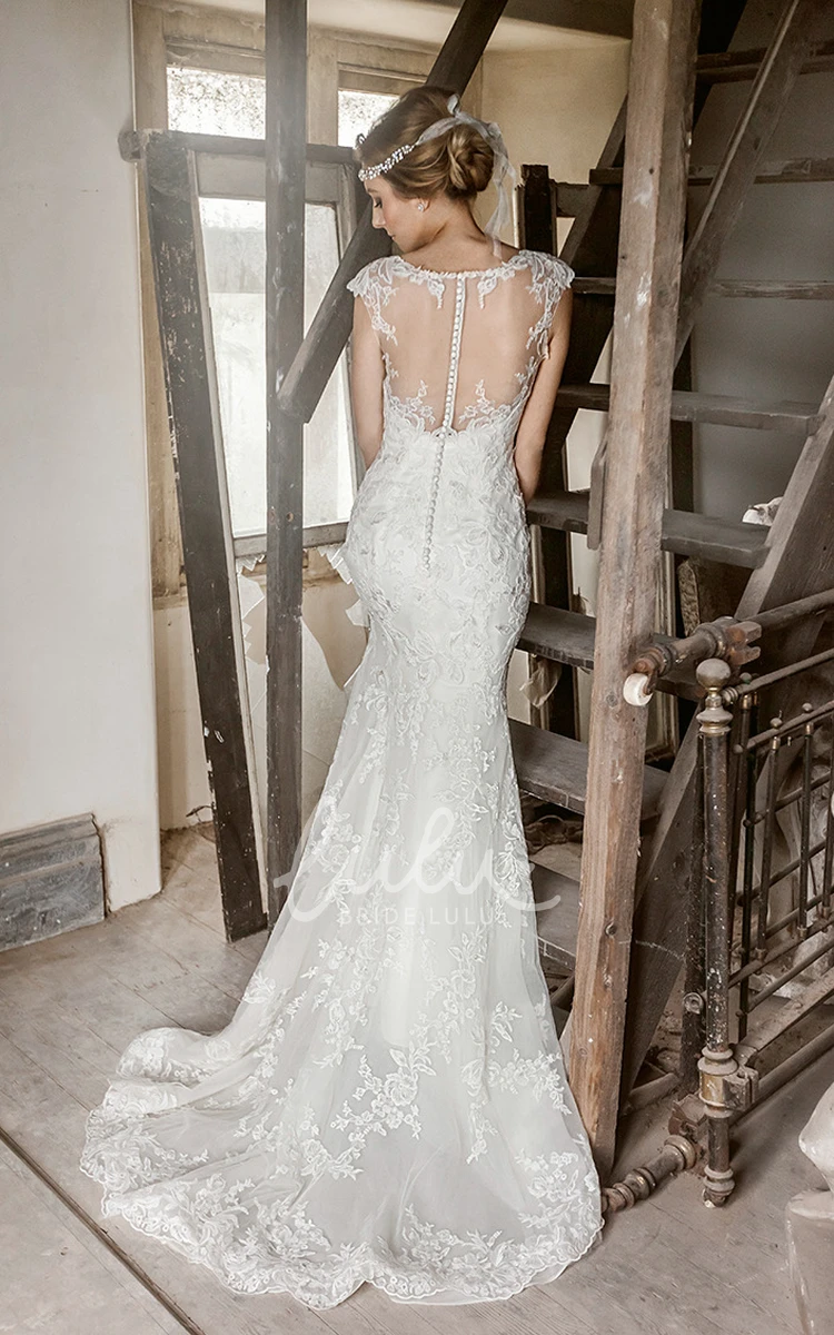 Cap-Sleeve Lace Appliqued Wedding Dress Floor-Length