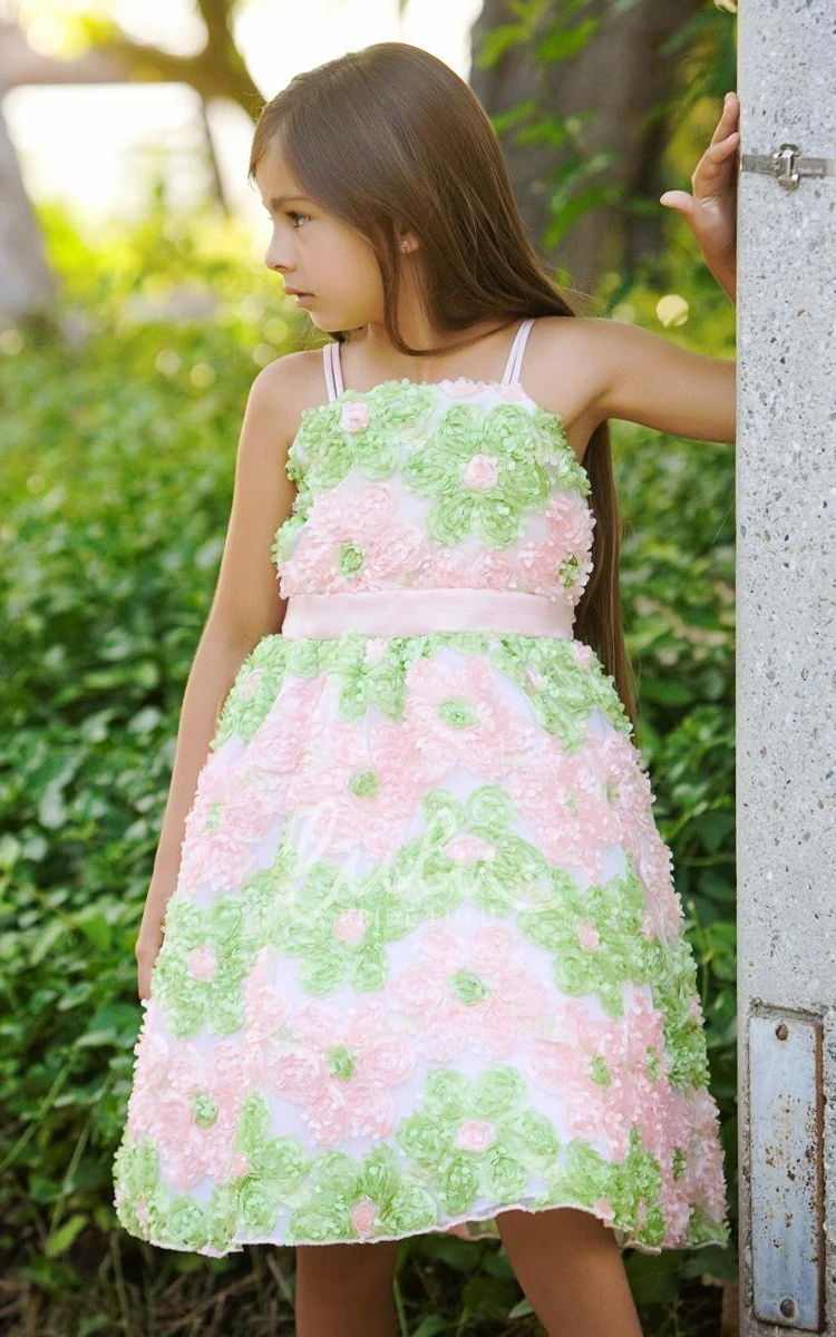 Tiered Taffeta & Tulle Knee-Length Spaghetti Flower Girl Dress with Layers